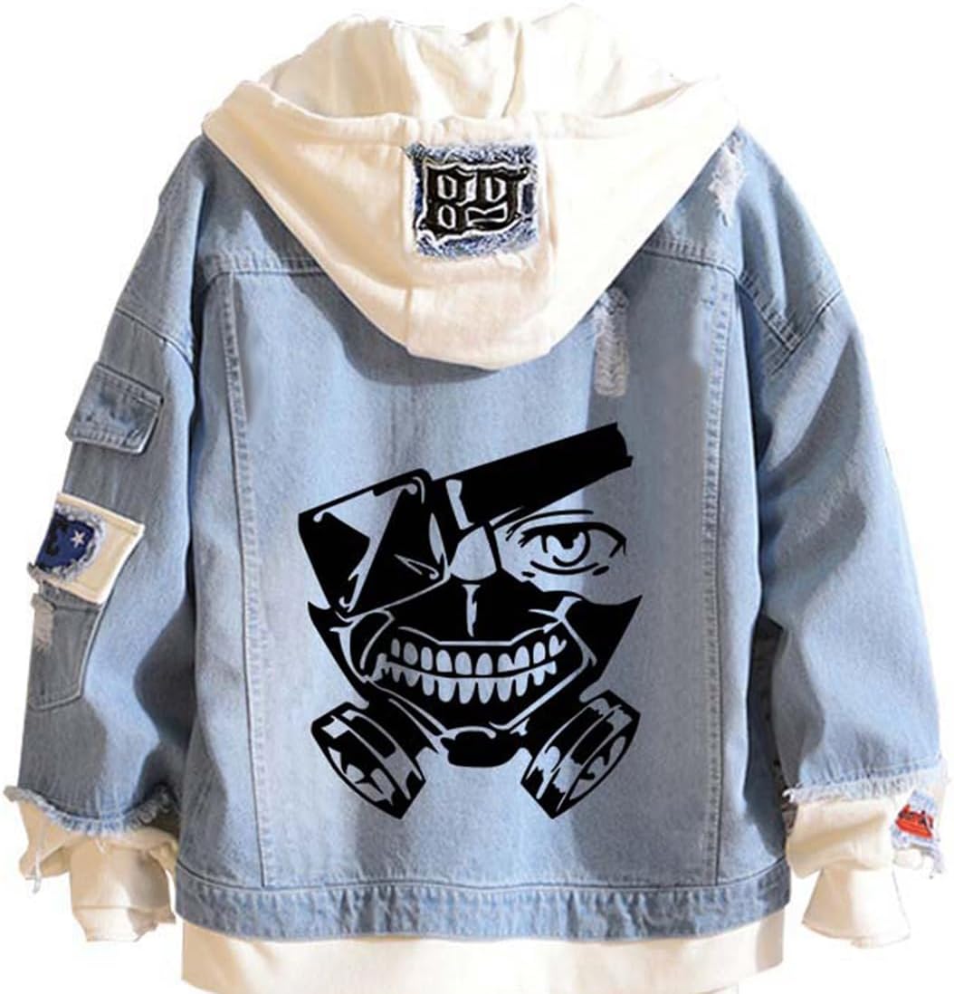 Tokyo Costume Women Men Trucker Jacket Classic Ripped Slim Denim Jacket with Holes Kaneki Hooded Jacket Cosplay - My Store