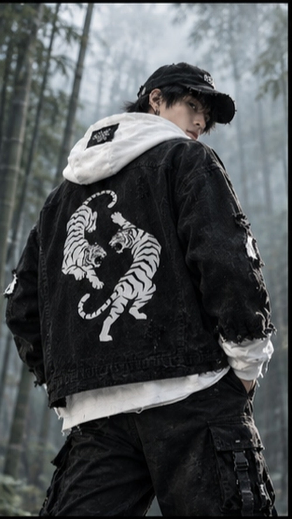 Twin Tigers Hooded Denim Jacket | Japanese Streetwear Distressed Trucker Coat
