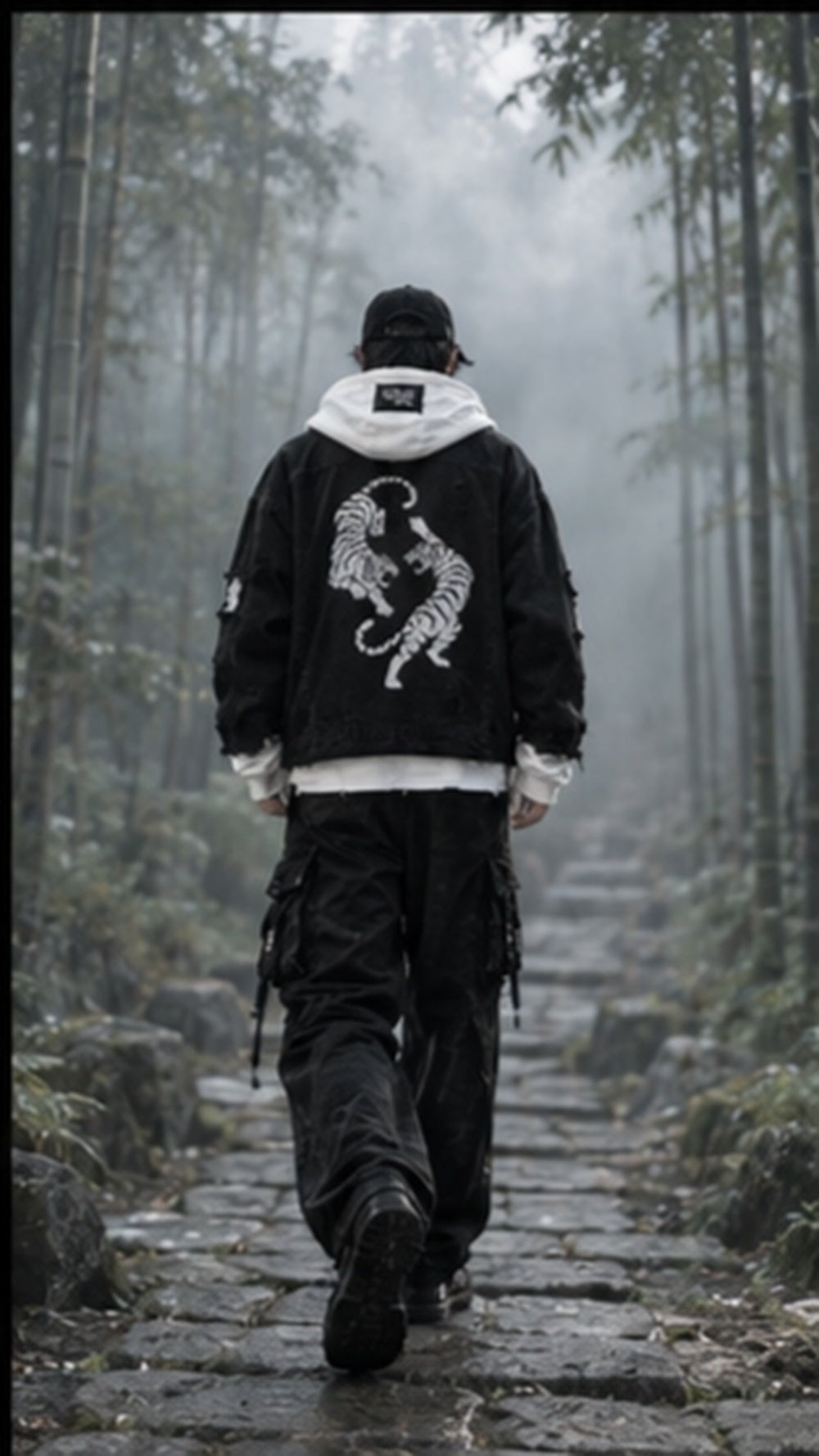 Twin Tigers Hooded Denim Jacket Model in Misty Bamboo Forest Stone Path Back View