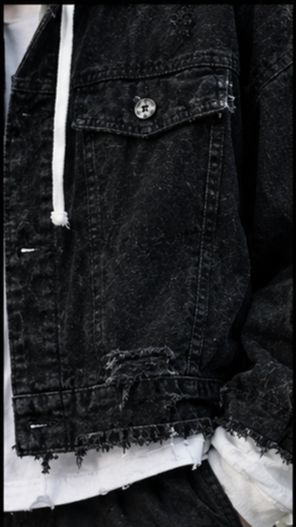 Twin Tigers Hooded Denim Jacket Distressed Front Chest Trucker Detail