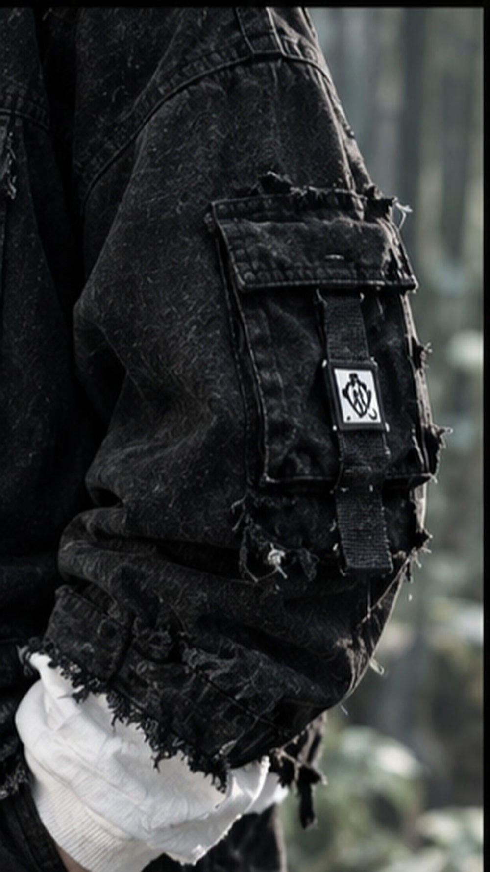 Twin Tigers Hooded Denim Jacket Tactical Sleeve Cargo Pocket and Emblem Patch