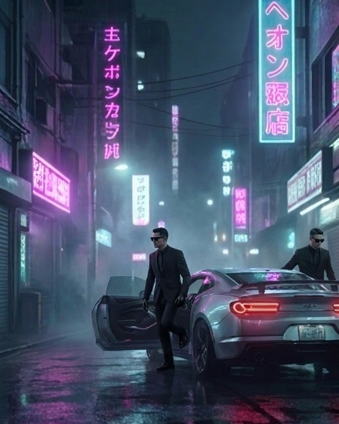 VOID RUNNER Cyberpunk Tactical Agent Stepping Out of Neon Car in Rain