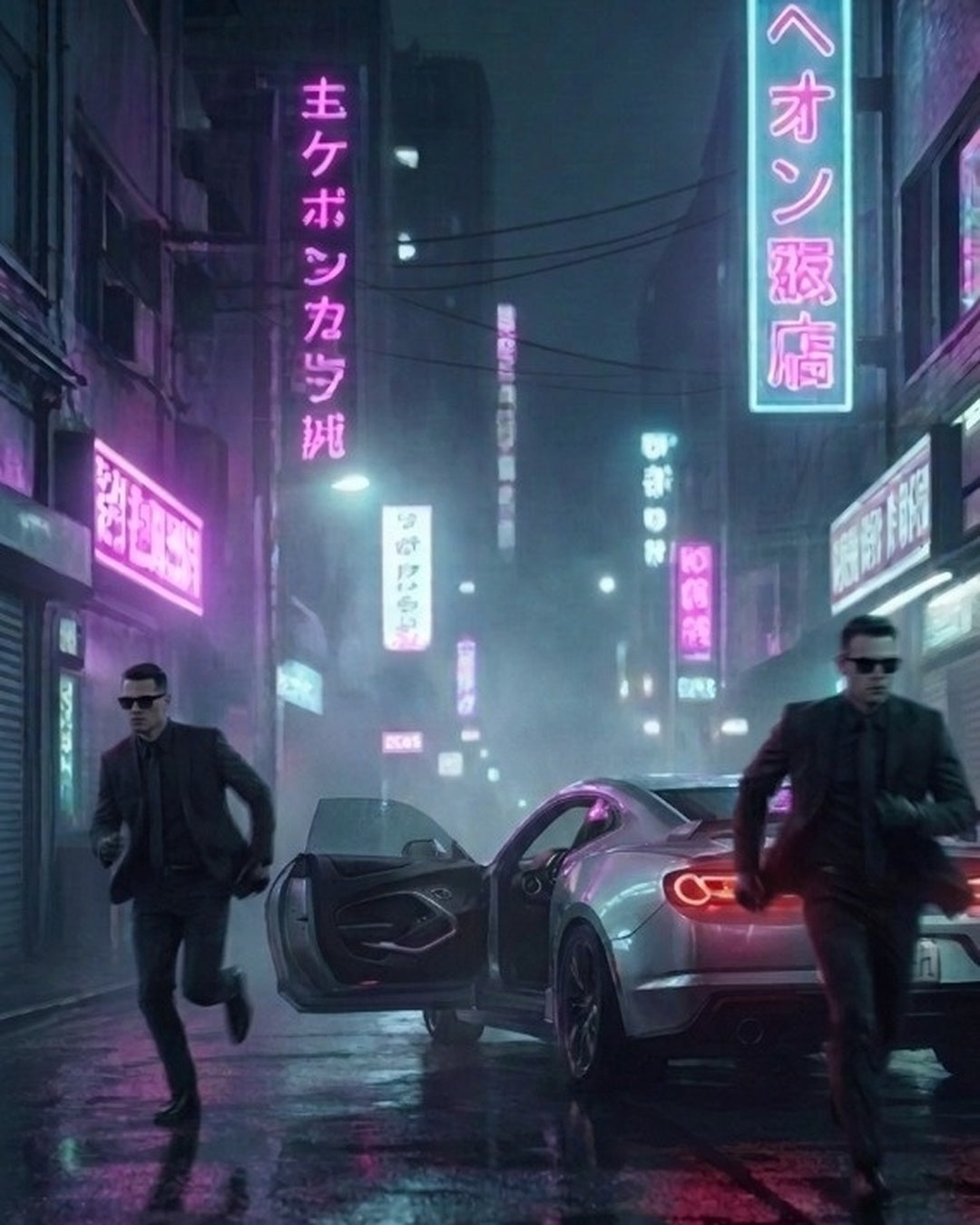 VOID RUNNER Cyberpunk Streetwear Agents Running in Dystopian Rain Alley