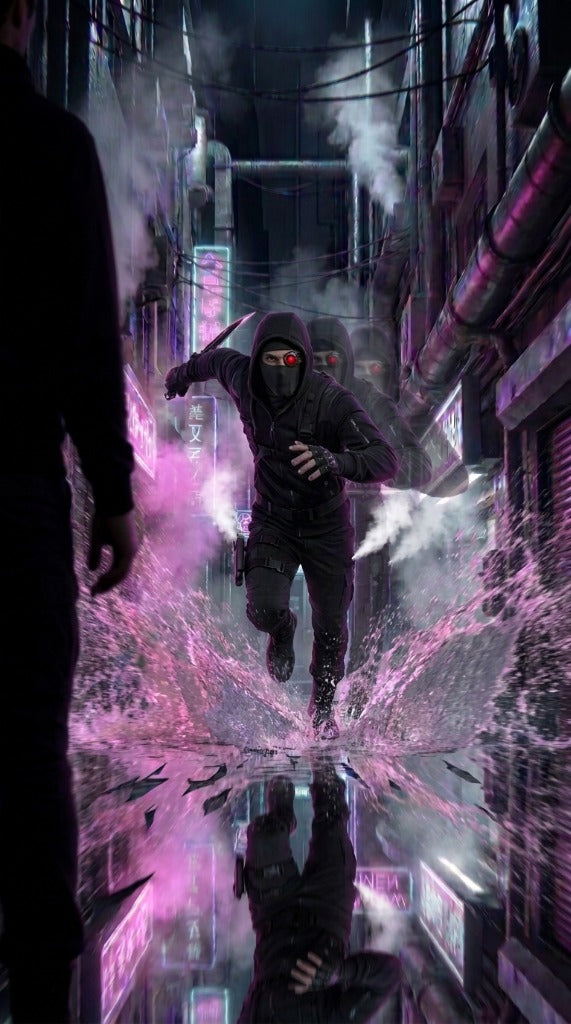 VOID RUNNER Cyberpunk Tactical Assassin Sprinting Through Rain Puddles in Tokyo Alley