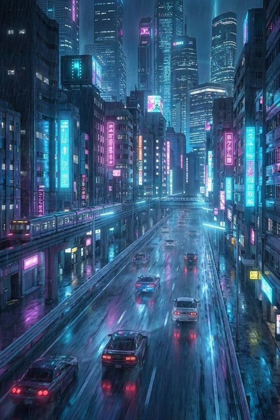 VOID RUNNER Cyberpunk Neon Highway Transit and Rain Corridor