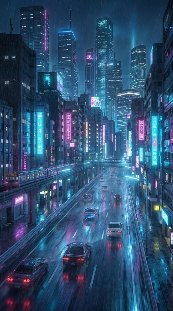 VOID RUNNER Cyberpunk Metropolis Rain Highway Aerial View Streetwear Aesthetic