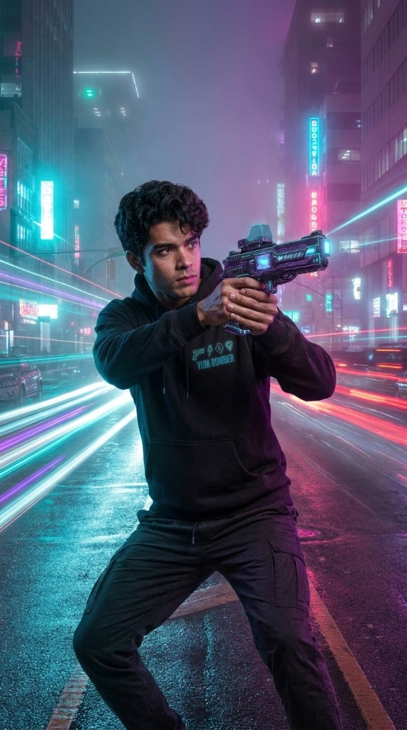 VOID RUNNER Plasma Edition Streetwear Hoodie with Glowing Handgun in Neon City Highway