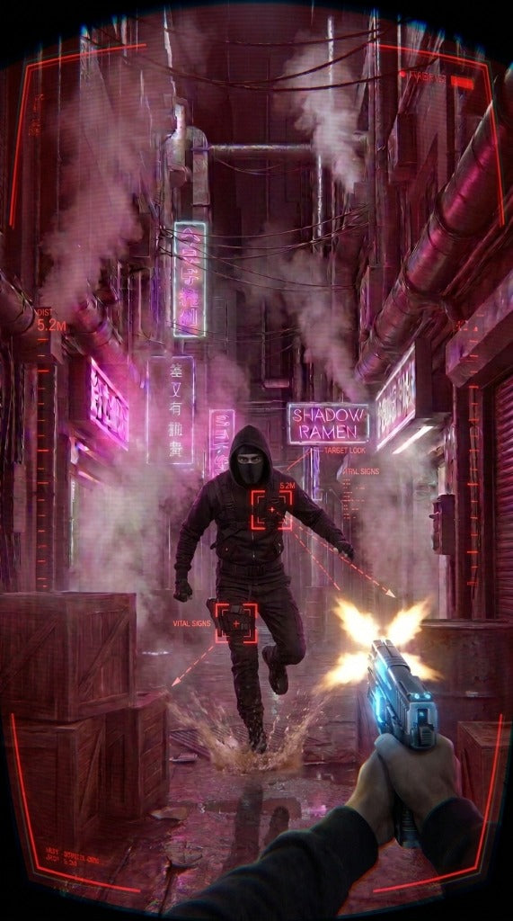 VOID RUNNER First-Person HUD Tactical Targeting Plasma Pistol in Cyberpunk Rain Alley