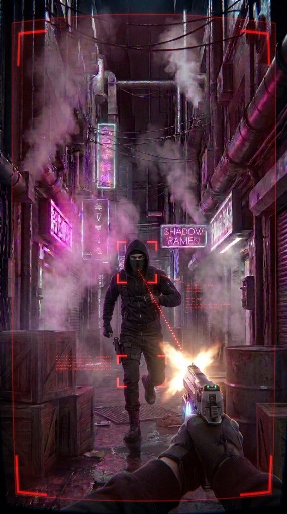 VOID RUNNER First Person POV Tactical Plasma Pistol Aiming in Cyberpunk Neon Rain Alley